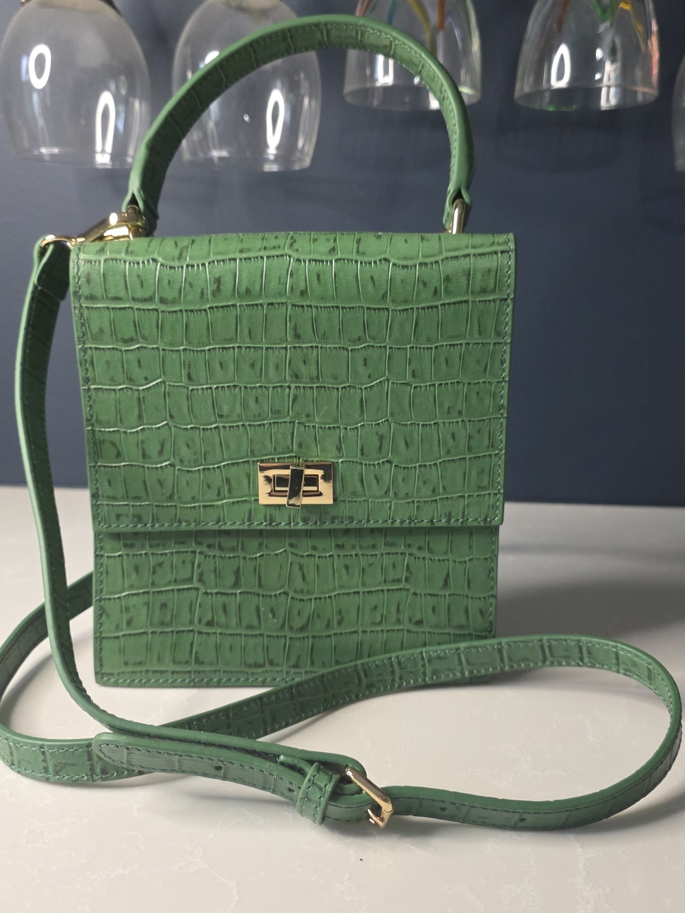 Neely & Chloe Leather Green Croc-Embossed Mini Crossbody Bag